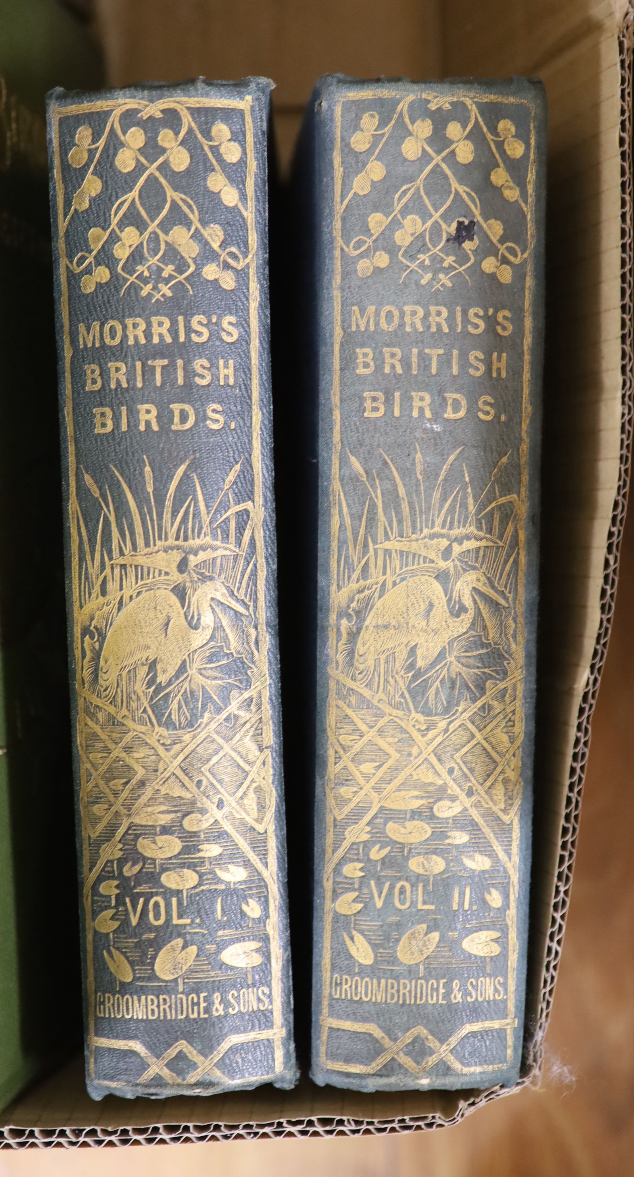 Morris, Rev. Francis Orpen - A History of British Birds. 2nd edition, 2 vols (of 6). Complete with 60 coloured plates to each. Decoratively embossed and panelled cloth boards with gilt pictorial device to upper, the same